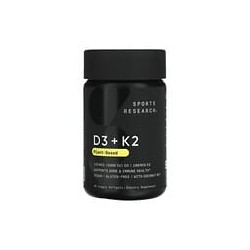 Sports Research, Vitaminas D3 y K2, Suplemento de origen vegetal, 125 mcg/100 mcg, 60 cápsulas blandas vegetales